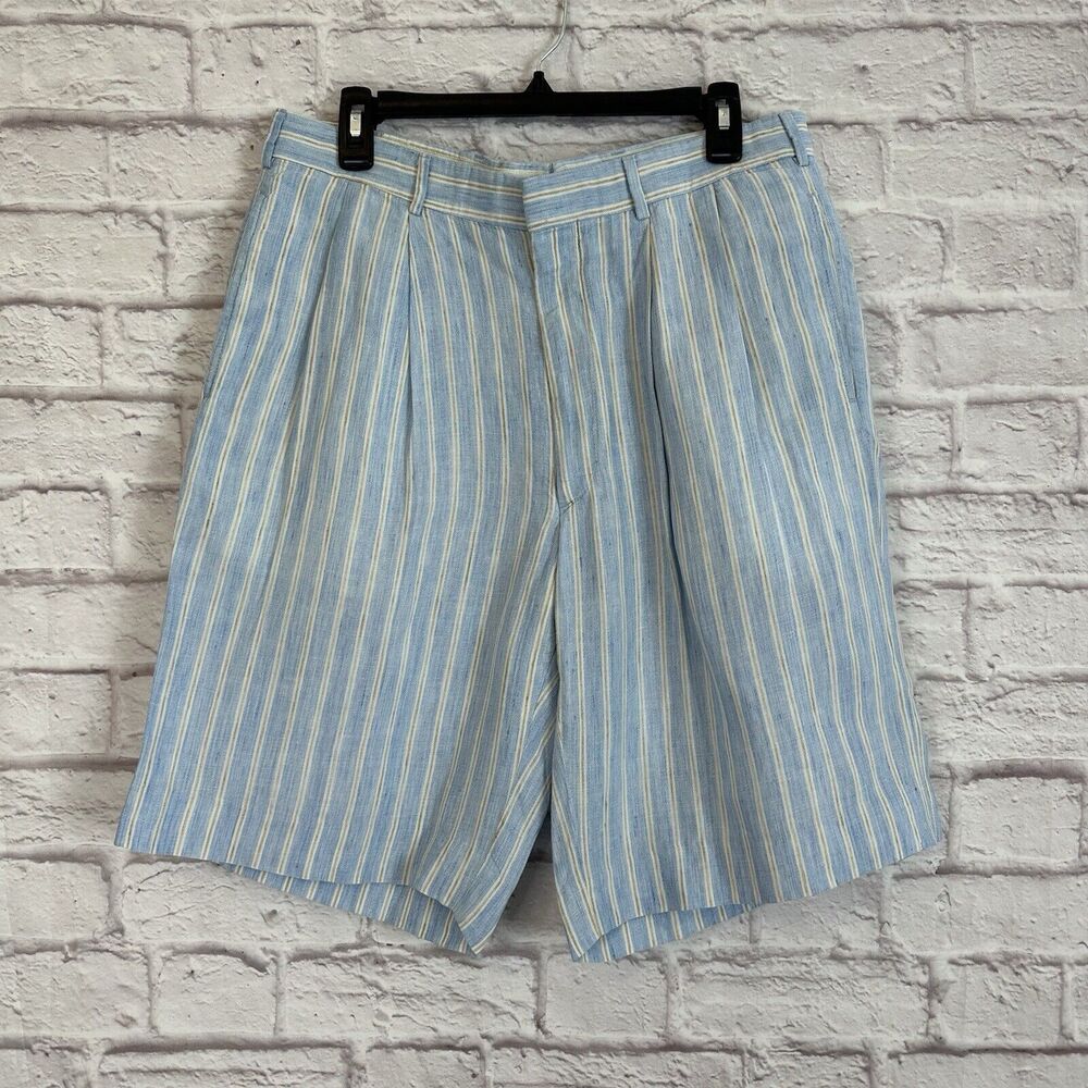 Peter Millar Men’s 34 Regular Golf Shorts Lightweight Pleated Blue Yellow Stripe